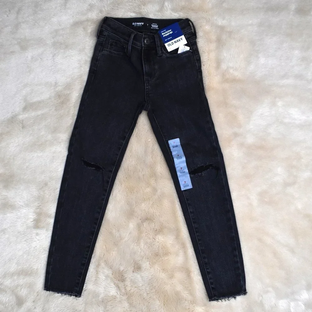 Old Navy Girls Jeggings  Size 7 Black Highrise Rockstar Jeans Distressed Denim
